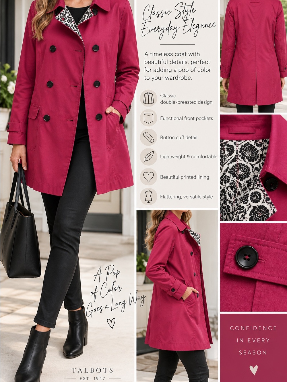 Talbots Women's Double-Breasted Trench Coat - Berry Pink